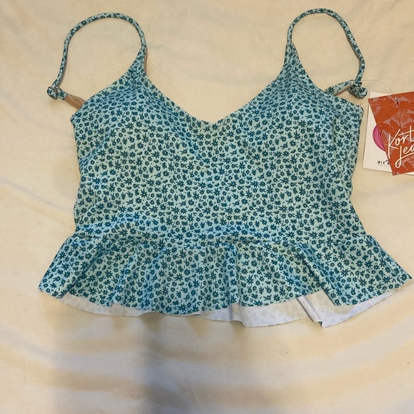 Kortni Jeane Swim Ruffled Bottom and Scoop Back Top in Blue Ditsy Floral - Picture 3 of 6